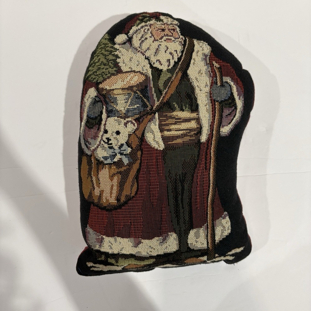 Vtg Christmas Needlepoint Tapestry Throw Pillow Old World Santa Decorative